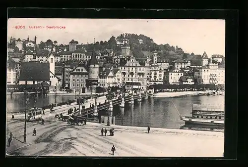 AK Luzern, Strassenbahn auf der Seebrücke