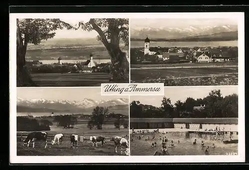 AK Utting / Ammersee, Ortsansicht aus der Vogelschau, Schwimmbad