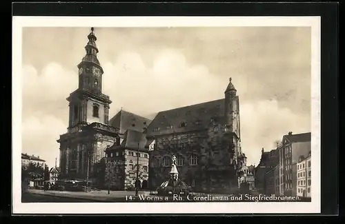 AK Worms / Rhein, Cornelianum und Siegfriedbrunnen