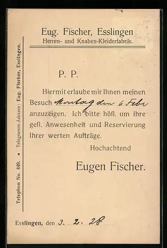 AK Esslingen a. N., Herren- u. Knaben-Kleiderfabrik Eugen Fischer, Besuchsanzeige