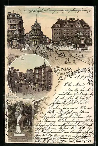 Lithographie München, Karlsplatz, Karlsthor und Gasteig-Brunnen