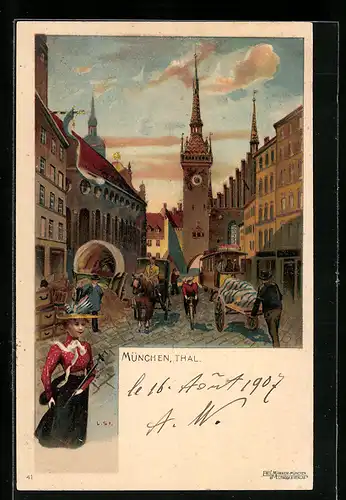 Lithographie München, Strassenpartie Thal