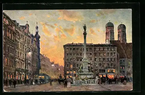 Künstler-AK München, Marienplatz mit Frauenkirche