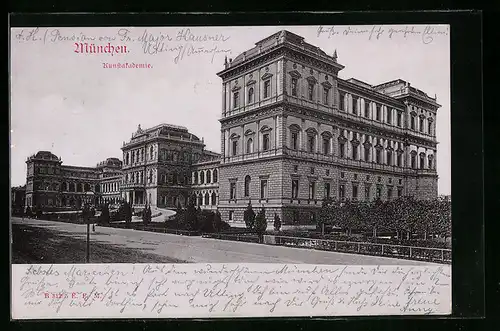 AK München, Kunstakademie mit Strassenpartie