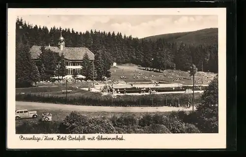 AK Braunlage im Harz, Blick auf Hotel Bodefall mit dem Schwimmbad