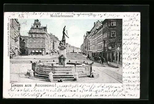 AK Augsburg, Strassenpartie am Merkurbrunnen