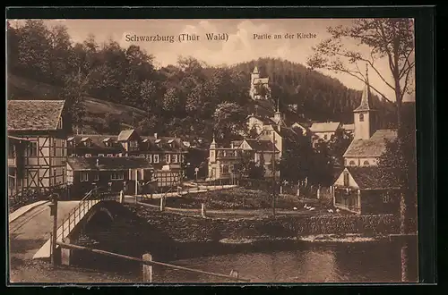 AK Schwarzburg /Thür. Wald, Wasserpartie an der Kirche