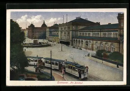 AK Hannover, Strassenbahn und Brunnen auf dem Bahnhofsvorplatz