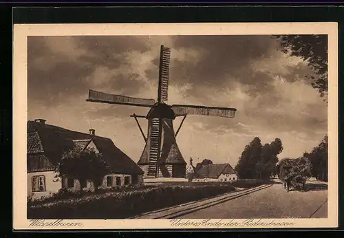 AK Wesselburen, Unteres Ende der Südenstrasse mit Windmühle