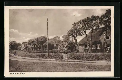 AK Nieblum-Föhr, Ortspartie mit reetgedeckten Häusern