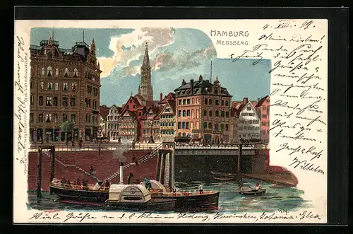Künstler-AK Hamburg, Dampfer vor dem Messberg