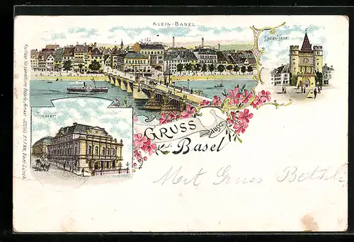 Lithographie Basel, Klein-Basel, Spalen-Thor und Theater