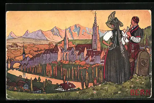 Künstler-AK Bern, Trachtenträger blicken auf die Stadt