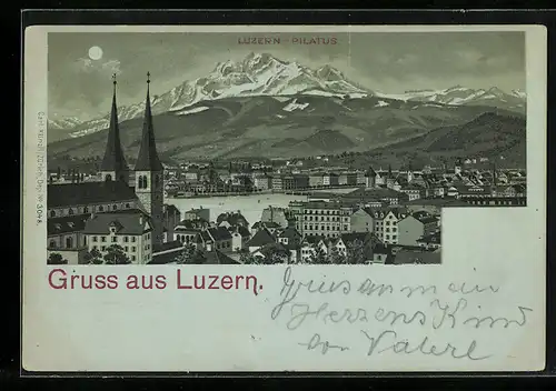 Mondschein-Lithographie Luzern, Stadt mit Blick auf Pilatus