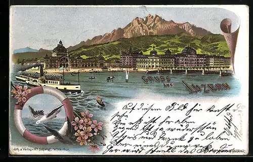 Lithographie Luzern, Dampfer vor der Stadt