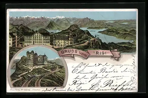 Lithographie Rigi, Eisenbahn und Ortspartie am See