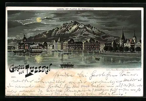Lithographie Luzern, Uferpartie mit Pilatus