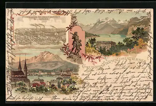 Lithographie Luzern, Hoffmann`s Stärkefabriken Salzufleb, Axenstein & Uripothstock, Pilatus, Vierwäldstättersee