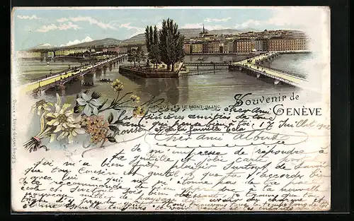 Lithographie Genève, Ortsansicht am Wasser