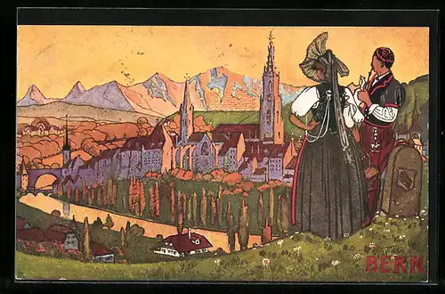 Künstler-AK Bern, ein Ehepaar schaut auf die Stadt hinab