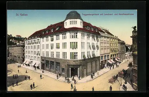 AK St. Gallen, Toggenburgerbank mit Leonhard- und Kornhausstrasse