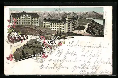 Lithographie Rigi, Blick auf Kulm, Eisenbahn in der Staffel