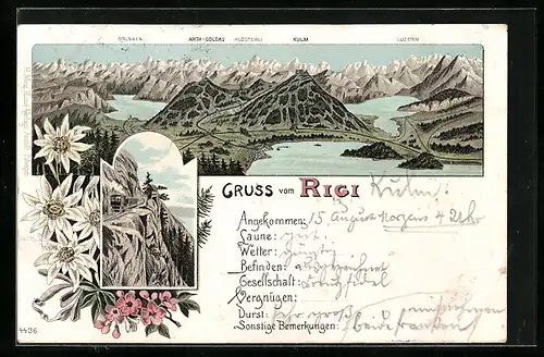 Lithographie Rigi, Alpenpanorama mit See