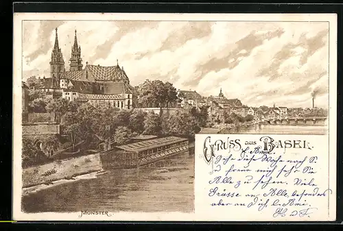Lithographie Basel, Ortsansicht mit Münster