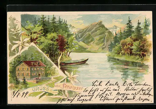 Lithographie Seealpsee, Gasthaus mit Seeblick
