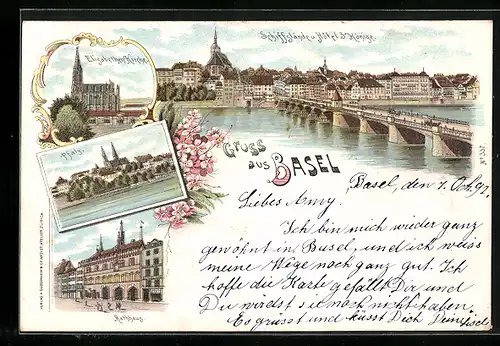 Lithographie Basel, Schiffslände u. Hotel 3 Könige, Elisabethen Kirche