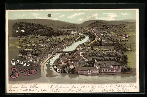 Lithographie Baden, Ortsansicht aus der Vogelschau