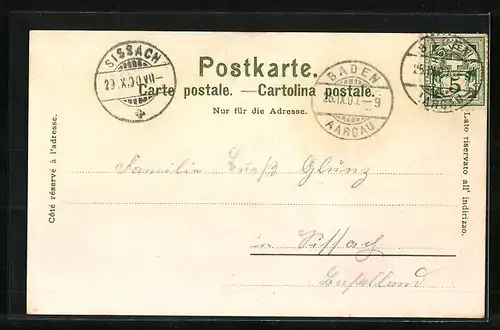 Lithographie Baden, Ortsansicht aus der Vogelschau