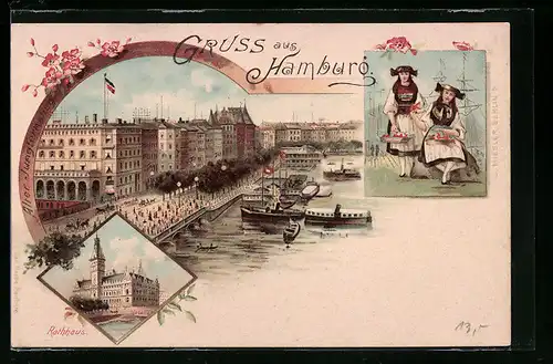 Lithographie Hamburg, Jungfernstieg, Rathaus, Junge Frauen in Tracht