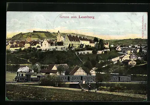 AK Leonberg, Panorama mit Dampfeisenbahn