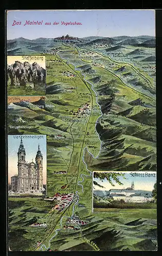 AK Staffelstein, Landkarte Maintal aus der Vogelschau mit Staffelberg, Vierzehnheiligen und Schloss Banz