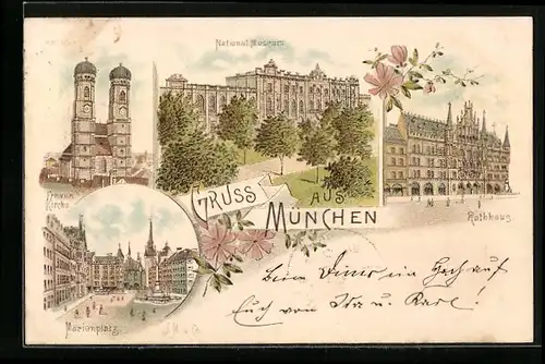 Lithographie München, Frauenkirche, Nationalmuseum, Marienplatz, Rathaus