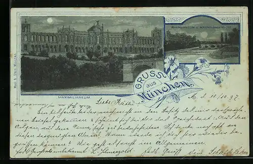 Mondschein-Lithographie München, Maximilianeum, Maximiliansbrücke