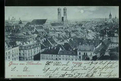 Mondschein-AK München, Panorama mit Frauenkirche