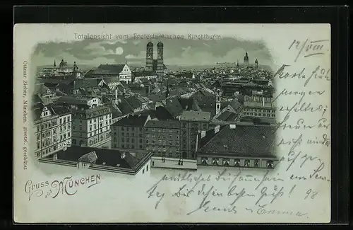 Lithographie München, Totalansicht vom Protestantischen Kirchturm