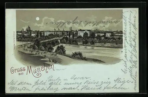 Lithographie München, Ortsansicht mit Isarpartie