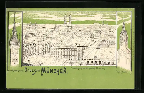 AK München, Alter Rathausturm, Petersturm, Gesamtansicht von der protest. Kirche aus gesehen