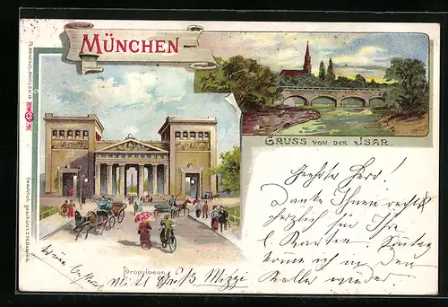 Lithographie München, Propyläen mit Passanten, Isar-Partie mit Brücke
