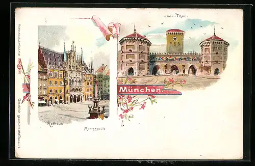 Lithographie München, Rathaus, Mariensäule, Isar-Thor