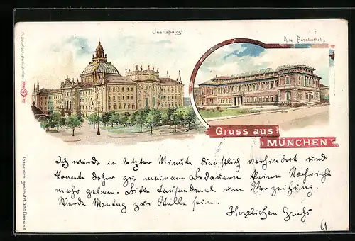 Lithographie München, Justizpalast, Alte Pinakothek