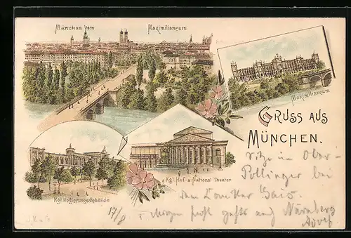 Lithographie München, Maximilianeum, Hof- und Nationaltheater, Regierungsgebäude