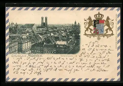 Präge-AK München, Totalansicht, Stadtwappen