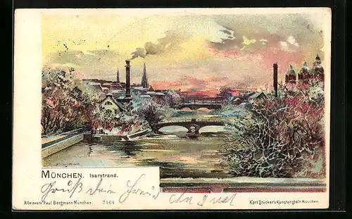 Künstler-Lithographie Theodor Guggenberger: München, Panorama am Isarstrand