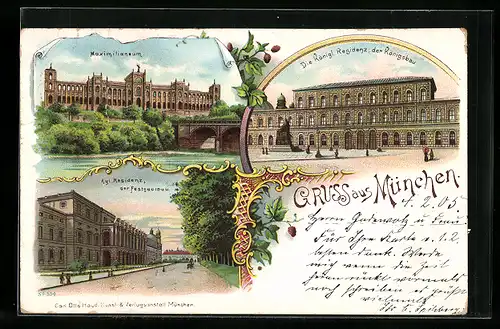 Lithographie München, Maximilianeum, Kgl. Residenz mit Festsaalbau