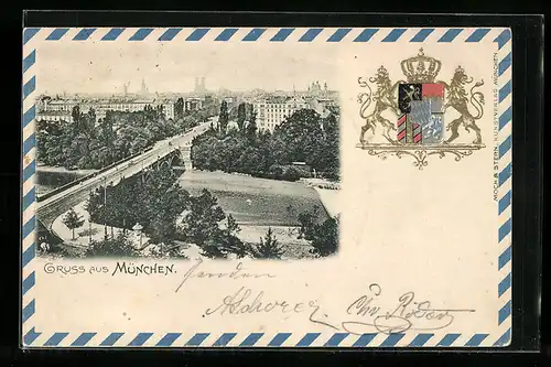 Präge-AK München, Teilansicht, Stadtwappen