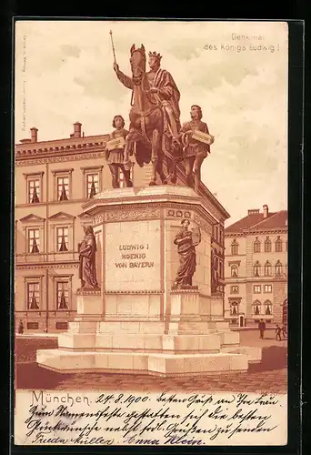 Lithographie München, Denkmal des Königs Ludwig I., Odeonsplatz